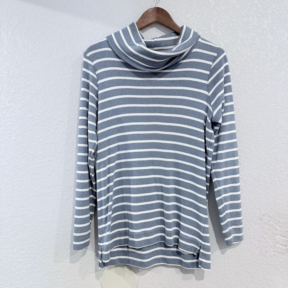 L.L. Bean Cowl Neck Pullover Long Sleeve Medium Blue White Striped Top Cotton